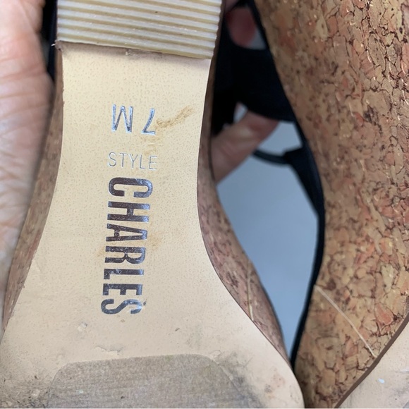 Style CHARLES Black Suede Cork Wedge Sandal Sz 7 - Picture 10 of 12